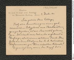 Nachlass Franz Steindachner, Briefkarte von Robert Wiedersheim an Franz Steindachner (03.12.1902), Inv.Nr. 593.04, Seite 1